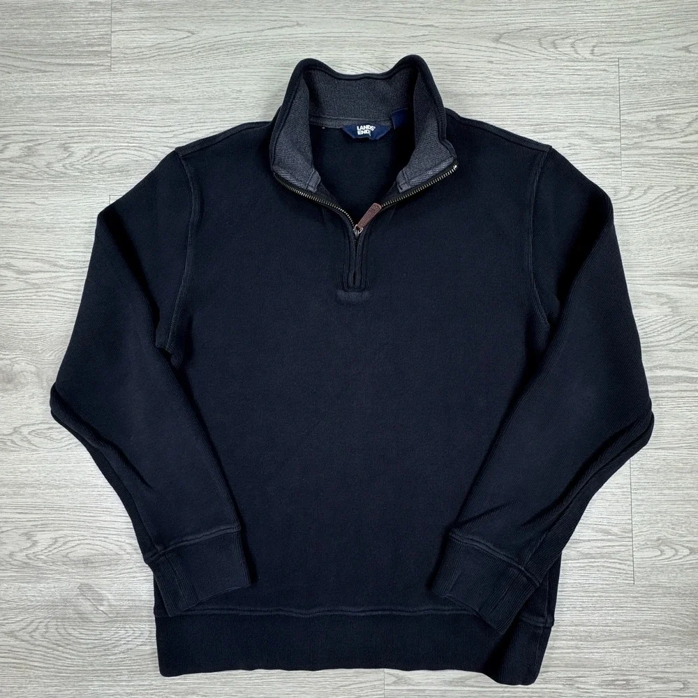 Lands End Mens Sweater Quarter Zip‎ Pullover Navy Blue Size S Cotton Ribbed Trim